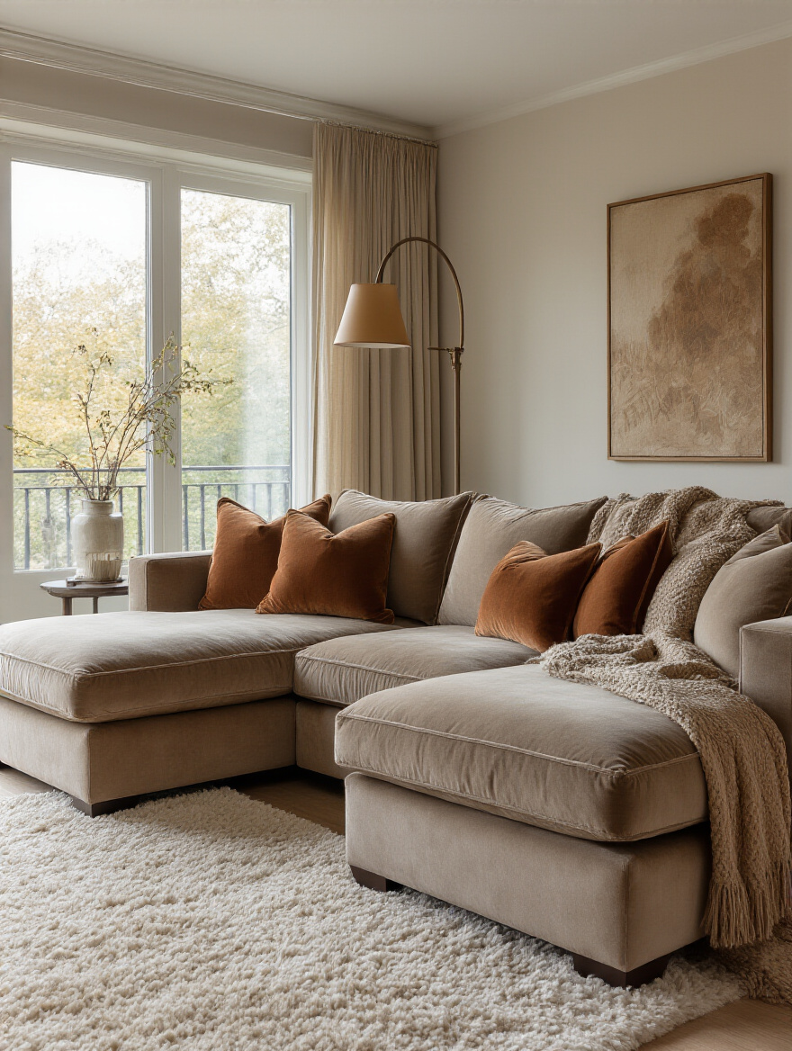 Cozy deep-seated sofa with plush cushions in a warm living room