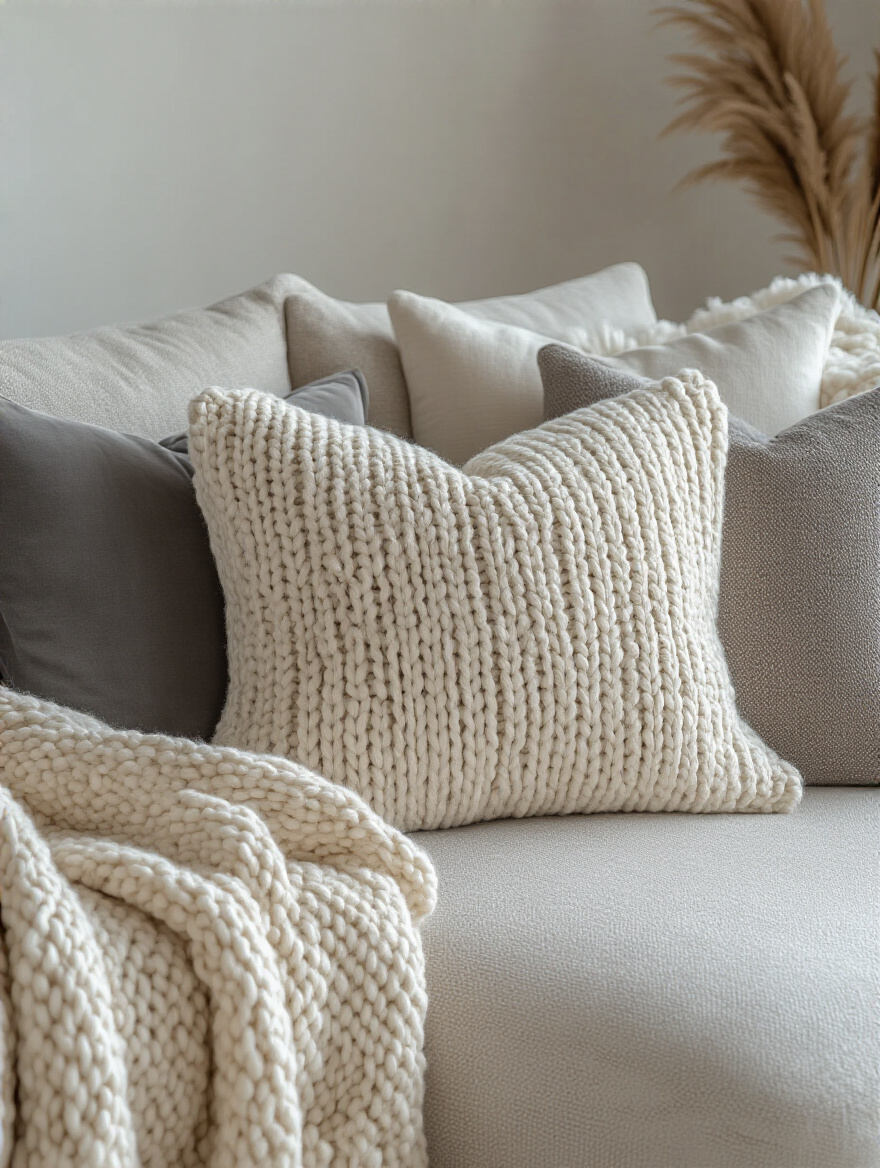 A close-up of a living room sofa corner adorned with soft textured throws and pillows in neutral and charcoal tones, creating a cozy and inviting ambiance.