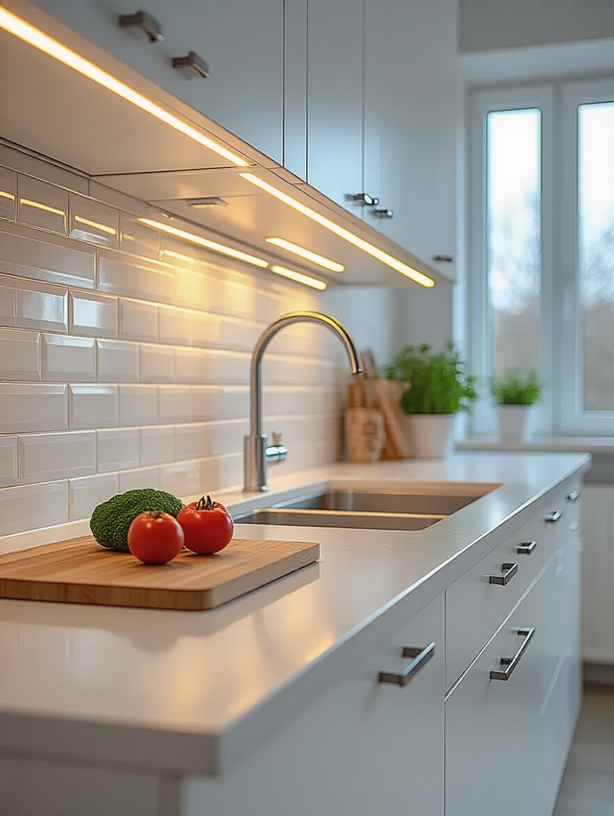 Small modern kitchen featuring bright under-cabinet LED lighting illuminating a white quartz countertop and sink area, enhancing workspace visibility.