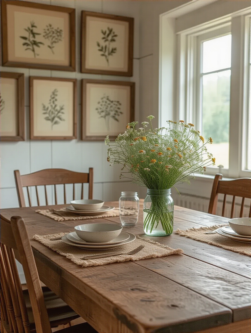 A cozy farmhouse dining room featuring a long wooden table set with handmade textile placemats and a repurposed mason jar centerpiece, adorned with wildflowers. Vintage-inspired frames with artistic botanical prints hang on a shiplap wall, showcasing thoughtful DIY decor elements and unique character. Soft natural light illuminates the rustic elegance of the space.