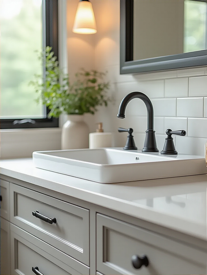 Close-up of a modern bathroom vanity featuring a matte black industrial-style faucet and dark bronze knurled cabinet pulls on a light-colored vanity, showcasing unique hardware for personalized style.