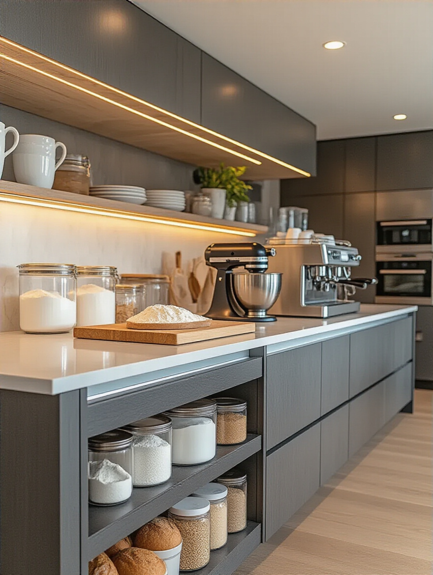 Modern kitchen featuring a dedicated baking zone with a stand mixer and organized ingredients, showcasing effective kitchen zoning for specialized tasks.