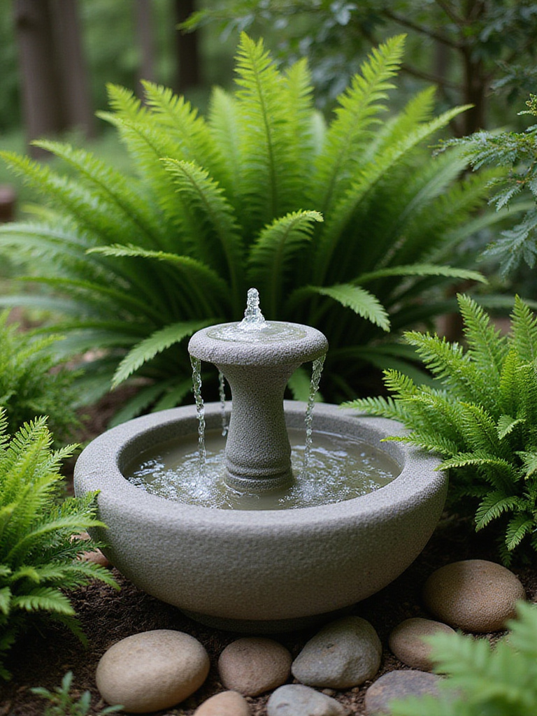 A serene portrait image of a small, modern bubbler water fountain surrounded by lush greenery and river stones in a tranquil backyard garden.