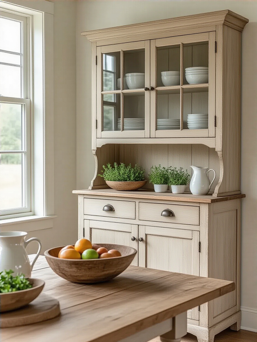 A light distressed wood farmhouse hutch with glass cabinets displaying white ceramics and a wooden bowl on its surface, set in a cozy farmhouse dining room with natural lighting.