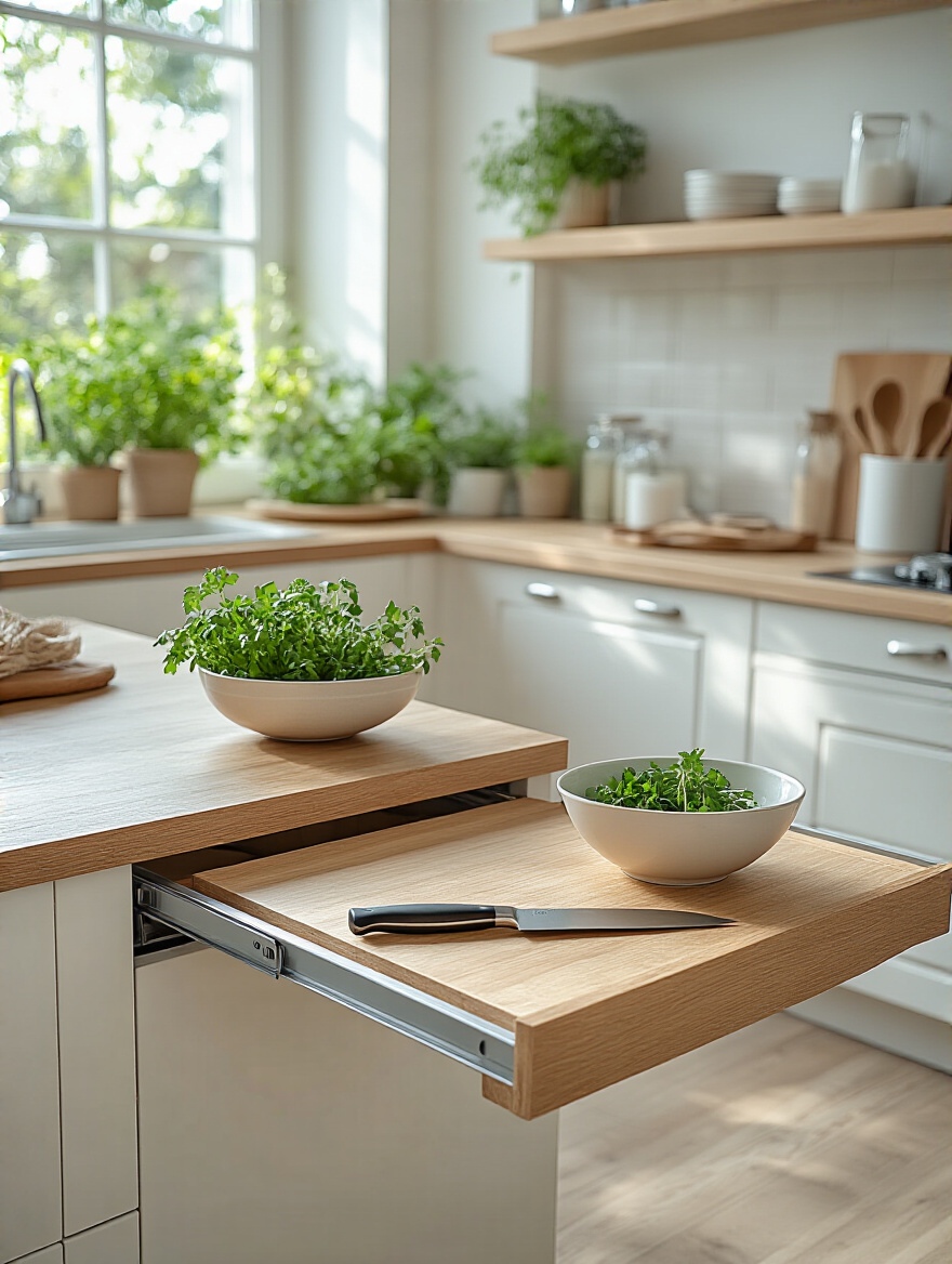 A stylish small kitchen featuring an extendable counter pulled out to provide flexible food preparation space, blending seamlessly with modern cabinetry.
