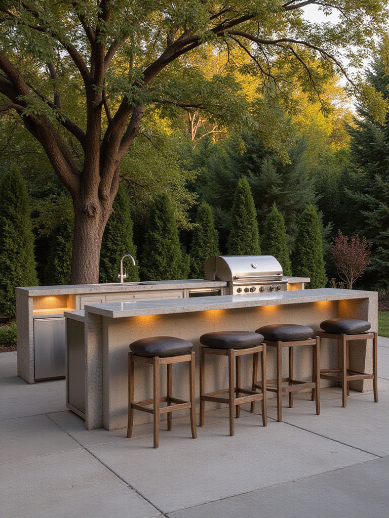 A beautifully designed modern outdoor kitchen and bar area featuring a built-in grill, natural stone countertops, stainless steel cabinets, and bar seating for al fresco dining, illuminated by warm evening light.