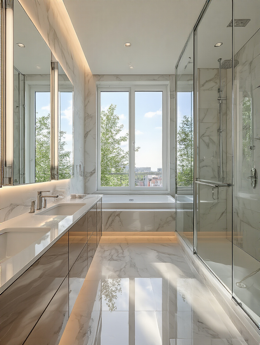 Modern bathroom with expansive mirrored wall and frameless glass shower