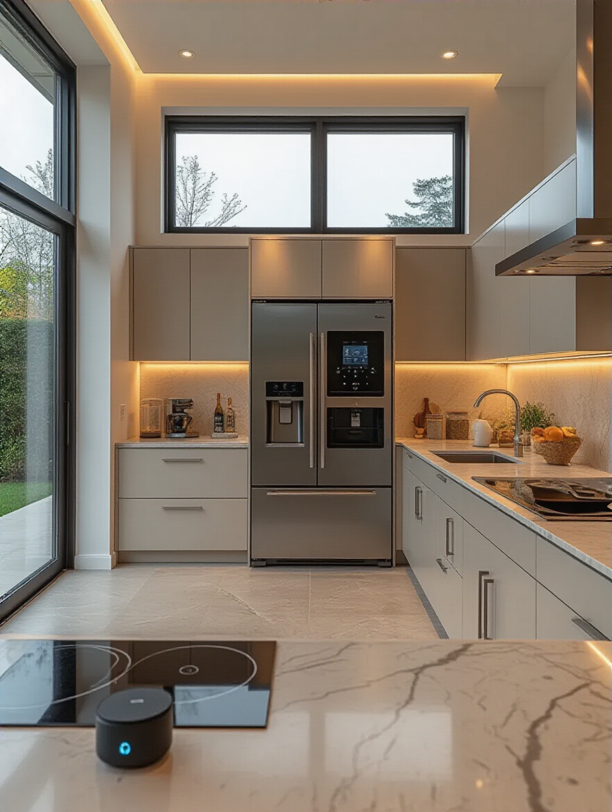 Vertical portrait of a sleek modern kitchen with a smart fridge, integrated appliances, and glowing touch interfaces, illustrating efficiency and technology.