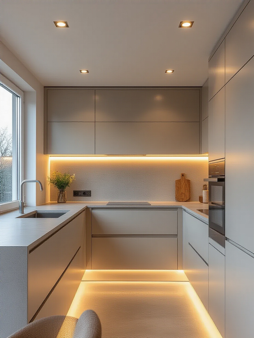 A modern kitchen interior showing effective ambient lighting with recessed LED lights and a bright, inviting atmosphere.