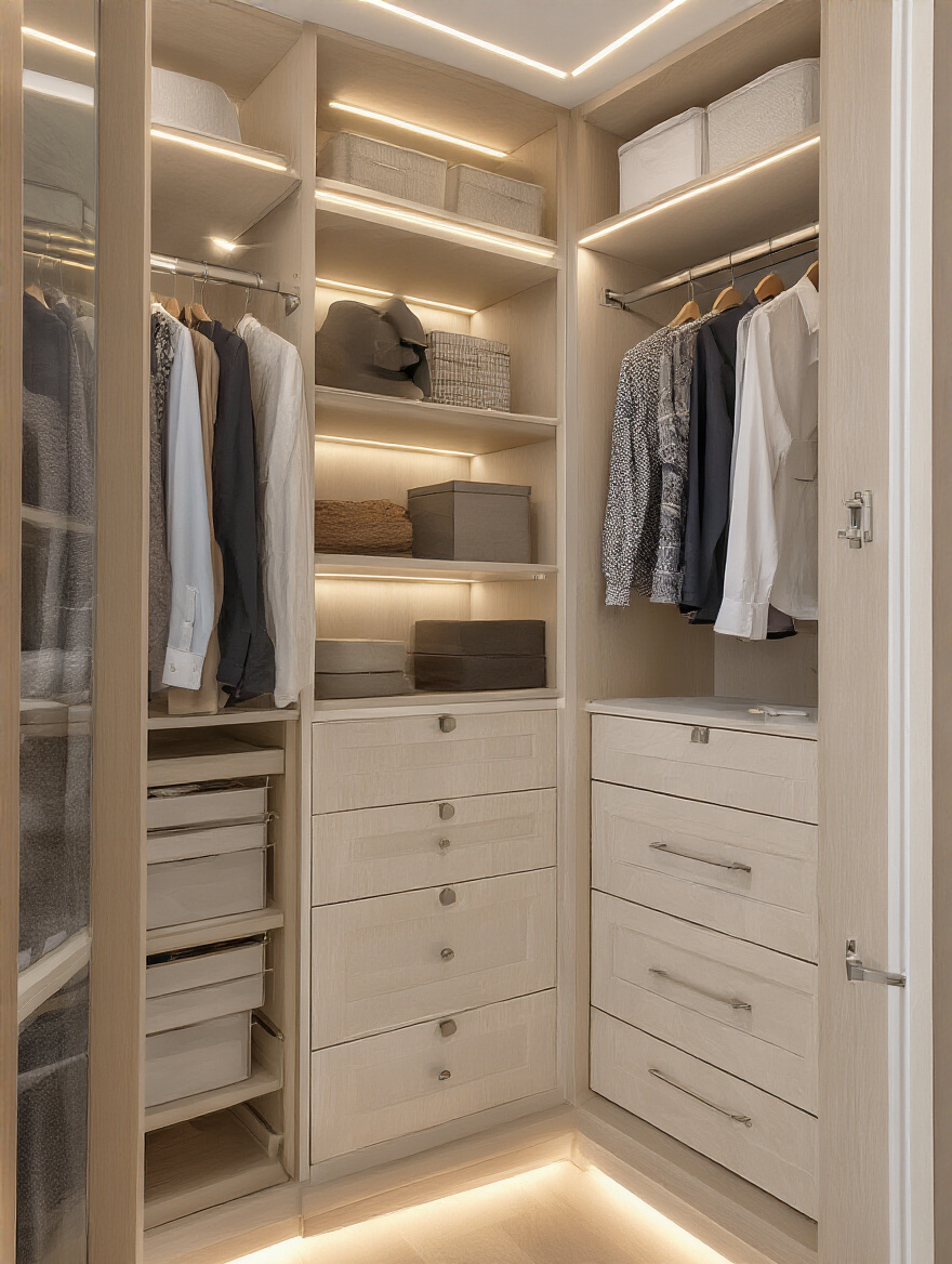 Modern built-in closet with double hanging rods and layered shelves