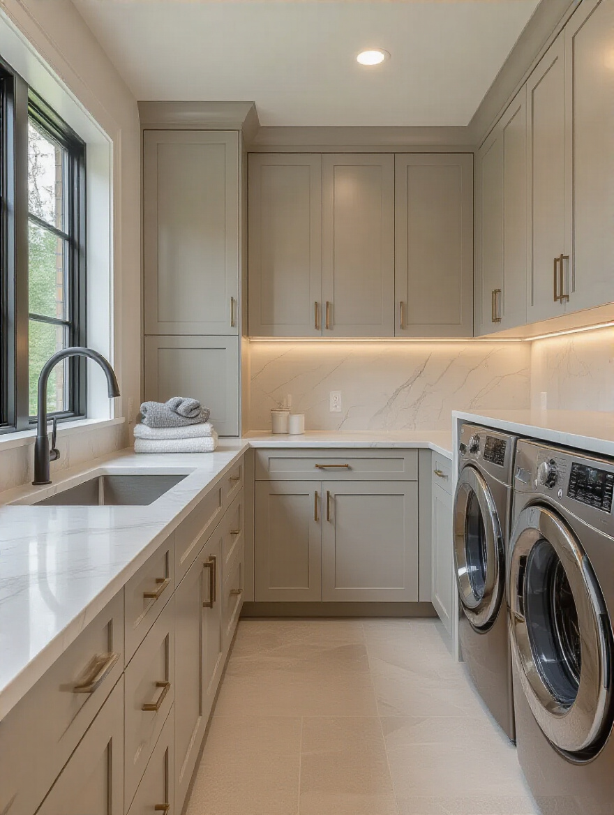 Portrait view of a modern laundry room with built-in custom cabinetry and seamless storage