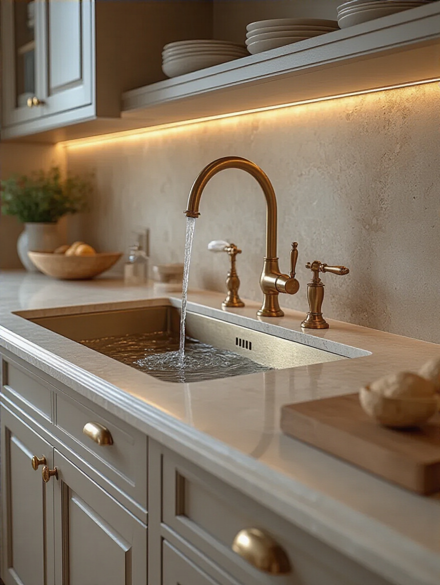 Luxurious kitchen sink area with designer faucet and custom hardware