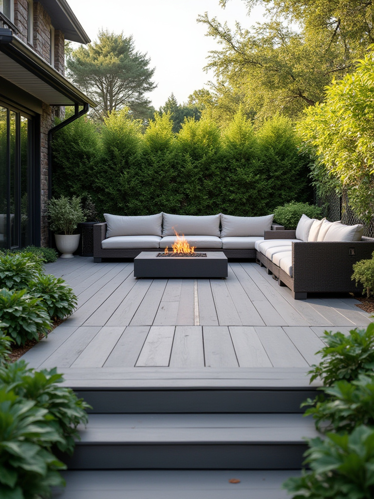 A modern composite deck with outdoor lounge furniture and fire pit, serving as a durable and defined outdoor gathering area in a lush backyard. Enhancing home living space with quality patios and decks.