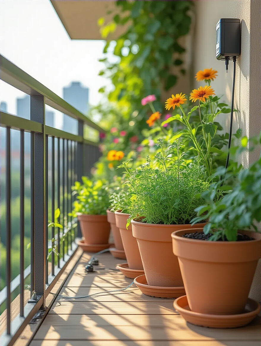 Portrait of balcony garden with automated watering tubing and timer