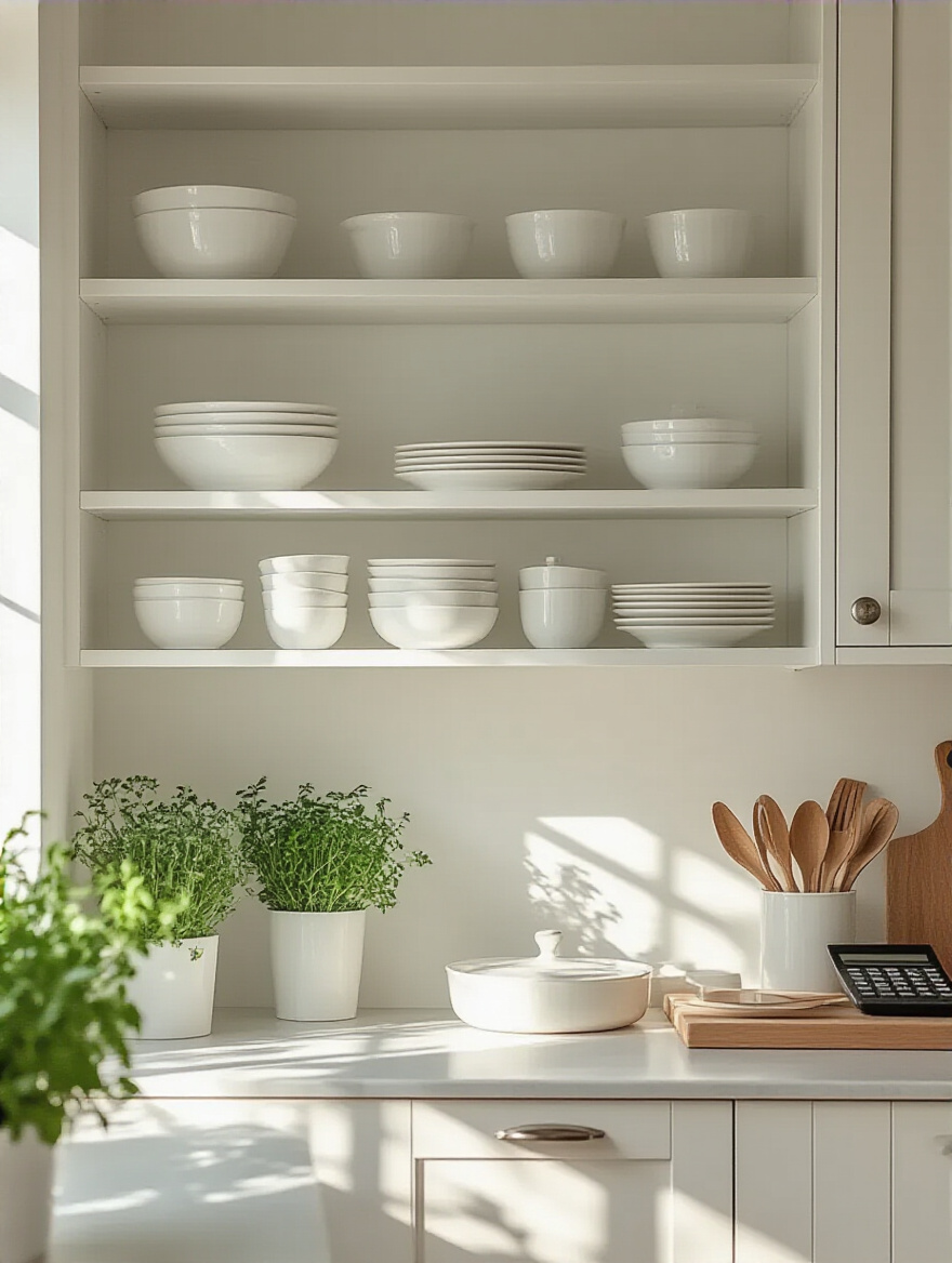 Small kitchen with bright upper walls, featuring clear glass-front cabinets displaying organized white dishware and light-colored open shelving with decorative elements, designed to maximize perceived space and natural light.