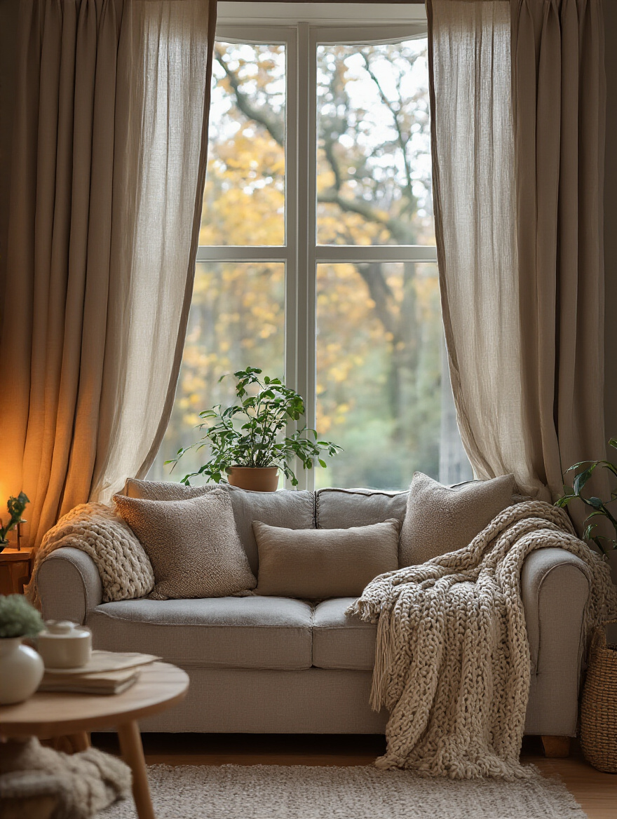 Portrait view of a cozy living room window with insulated drapes drawn closed, warm lighting.