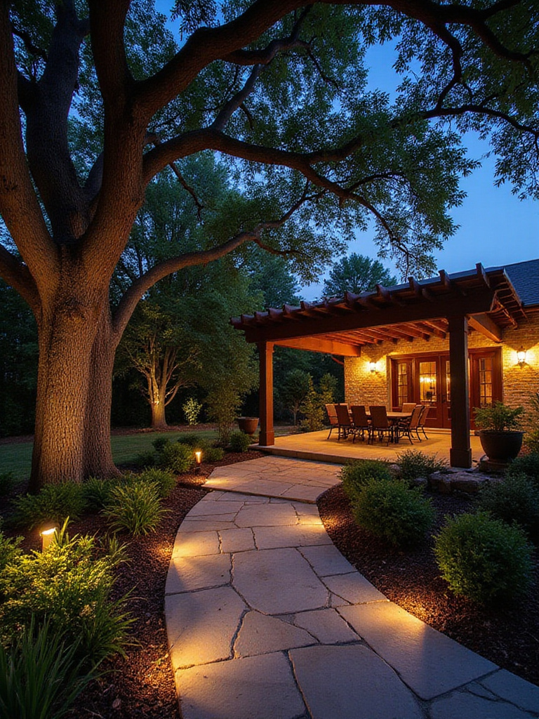 A beautifully illuminated backyard at dusk, showcasing layered landscape lighting with uplights on trees, path lights along a stone walkway, and soft downlighting from a pergola, creating a safe and enchanting outdoor living space.