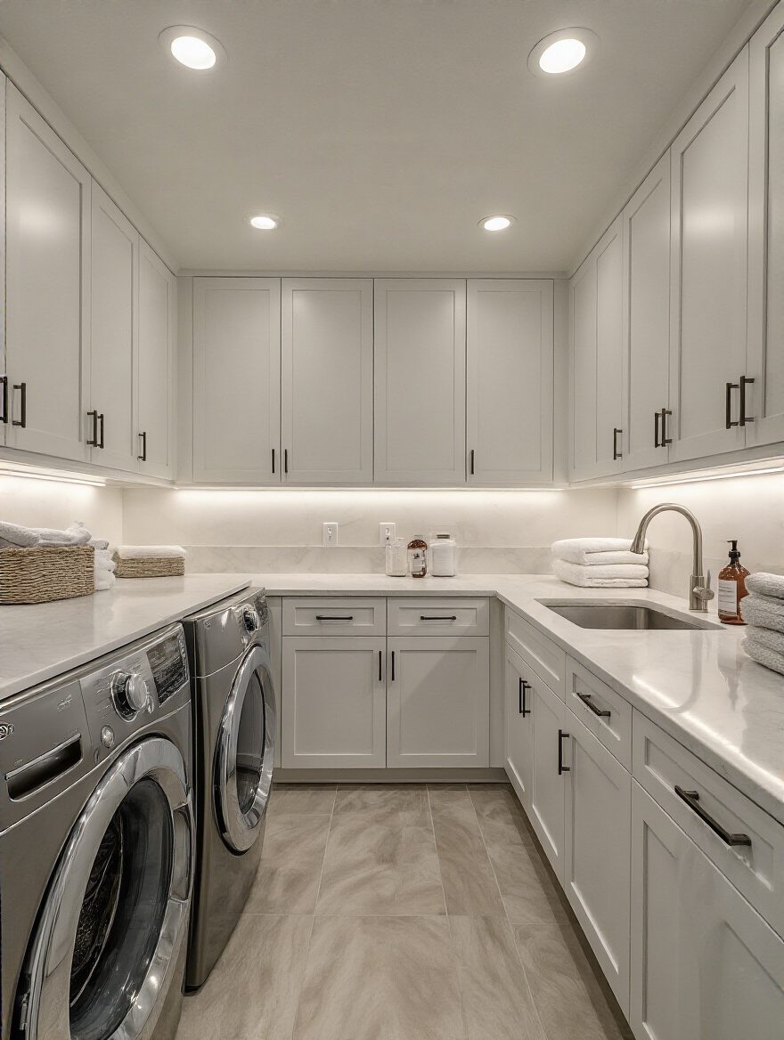 Portrait view of a modern laundry room with layered ambient and task lighting.