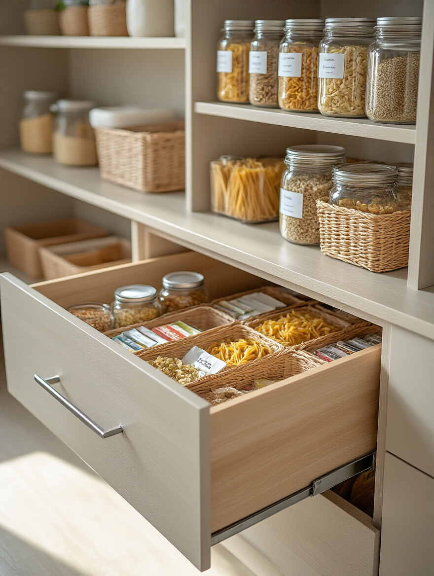 Organized deep pantry with light wooden pull-out drawers filled with dry goods and jars.