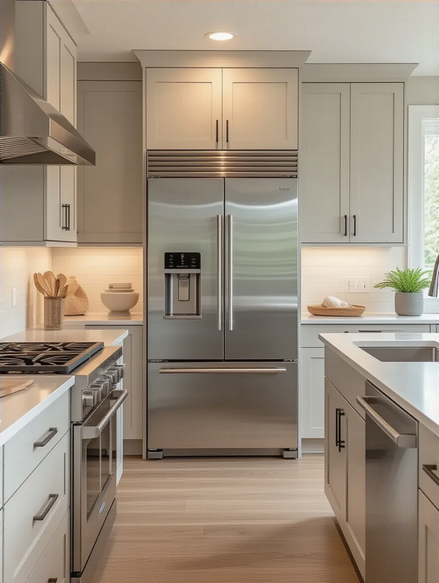 A modern small kitchen featuring a counter-depth refrigerator seamlessly integrated, flush with light-colored cabinetry, illustrating an open kitchen pathway and enhanced flow.