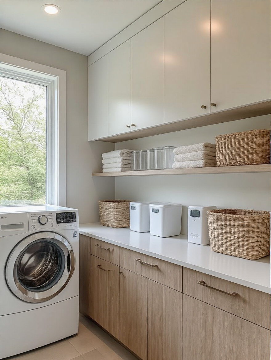 Portrait of organized laundry room with lint bins and detergent dispensers