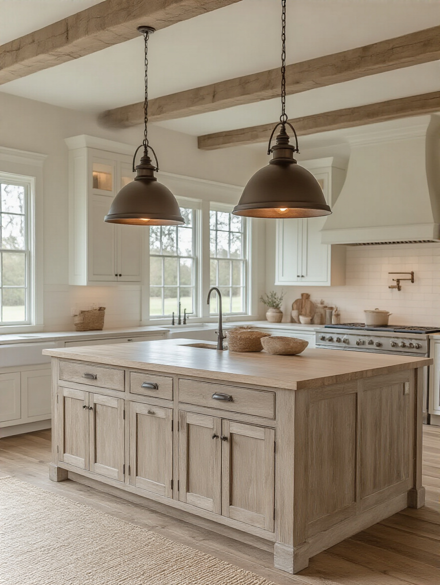 Oil-rubbed bronze barn pendants over a rustic kitchen island in a cozy farmhouse kitchen with white cabinets.