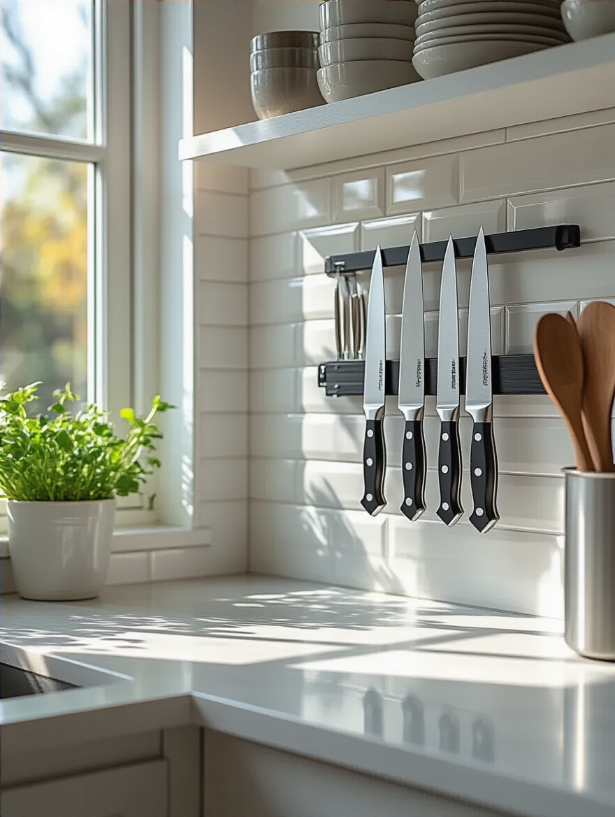 A sleek magnetic knife strip mounted on a kitchen backsplash holding various knives, above a clear, decluttered white countertop in a small, modern kitchen.