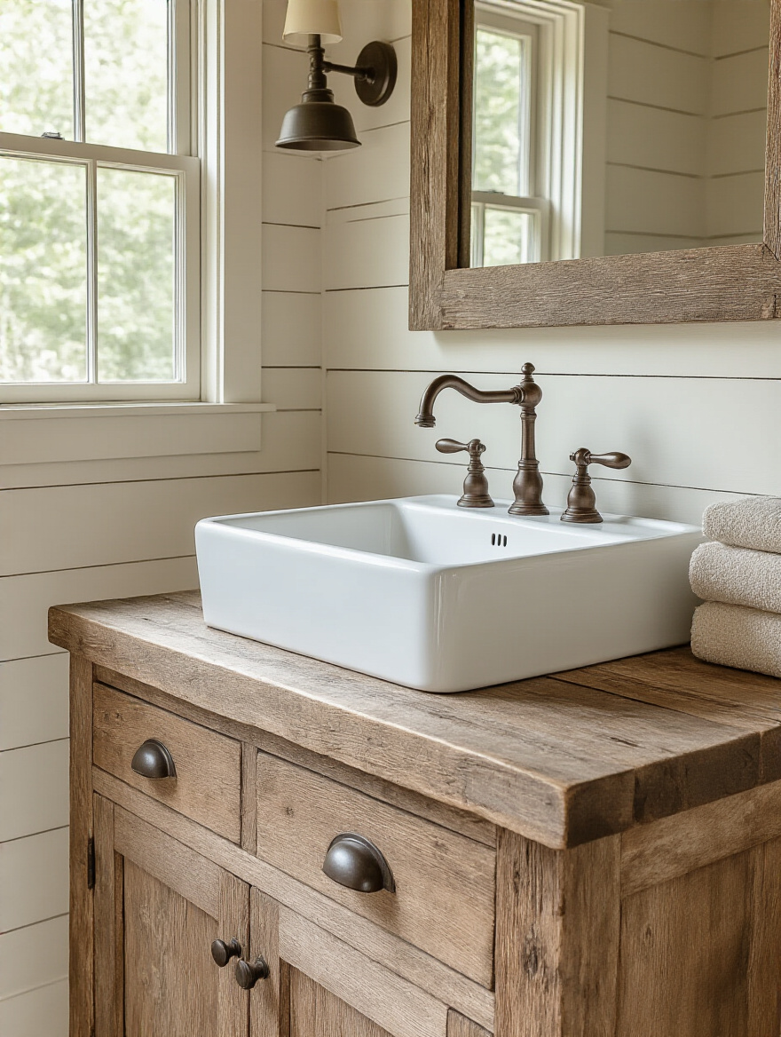 Rustic bathroom with farmhouse sink in wooden vanity and warm lighting