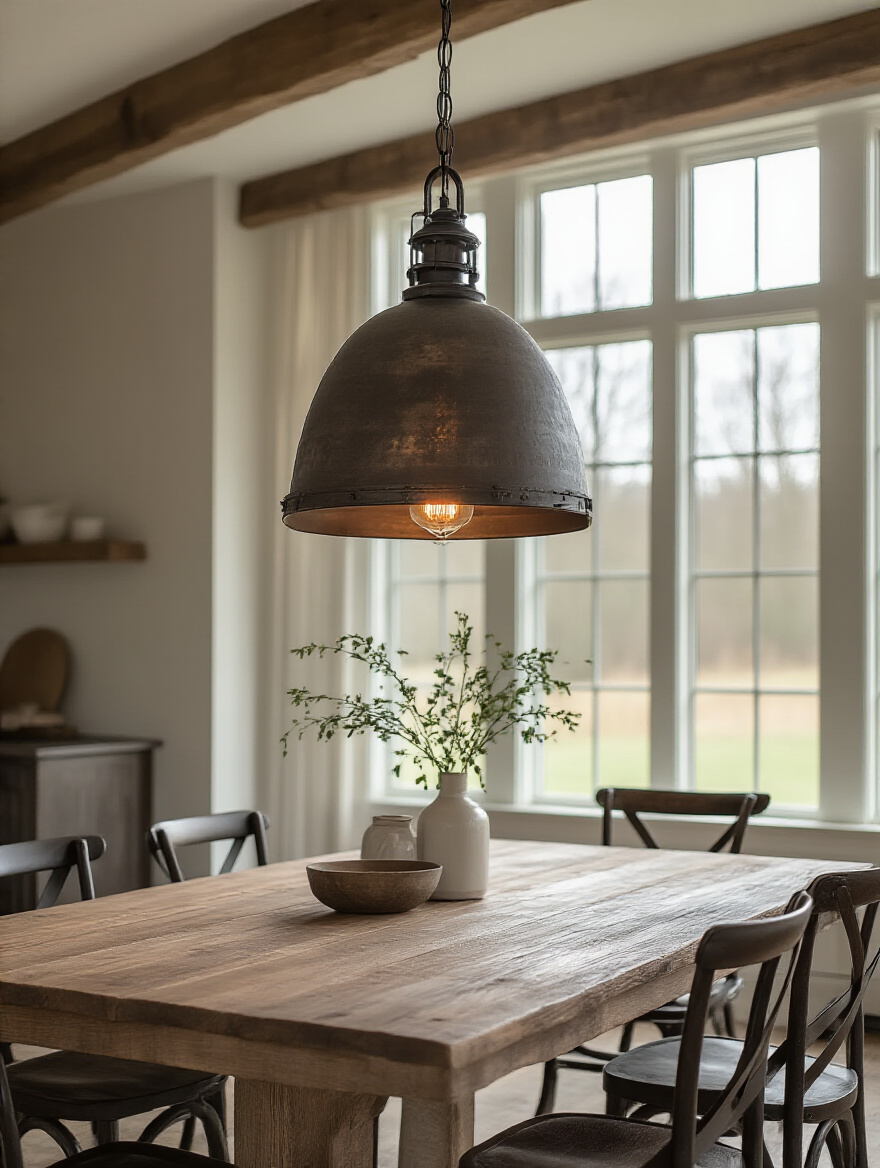 Farmhouse dining room featuring an oversized industrial pendant light with Edison bulbs above a rustic wooden table, creating a warm ambiance.