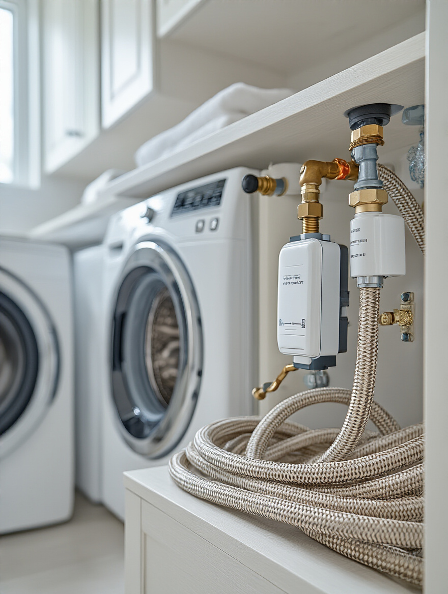 Portrait view of a laundry room showing an automatic water shut-off valve
