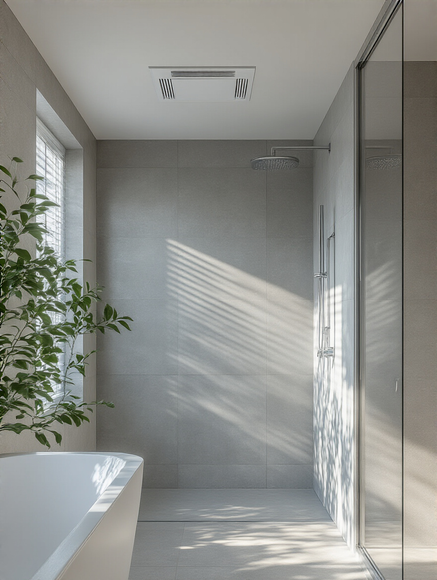 A pristine modern bathroom showcasing a discreetly integrated efficient ceiling exhaust fan, highlighting moisture control and fresh air.