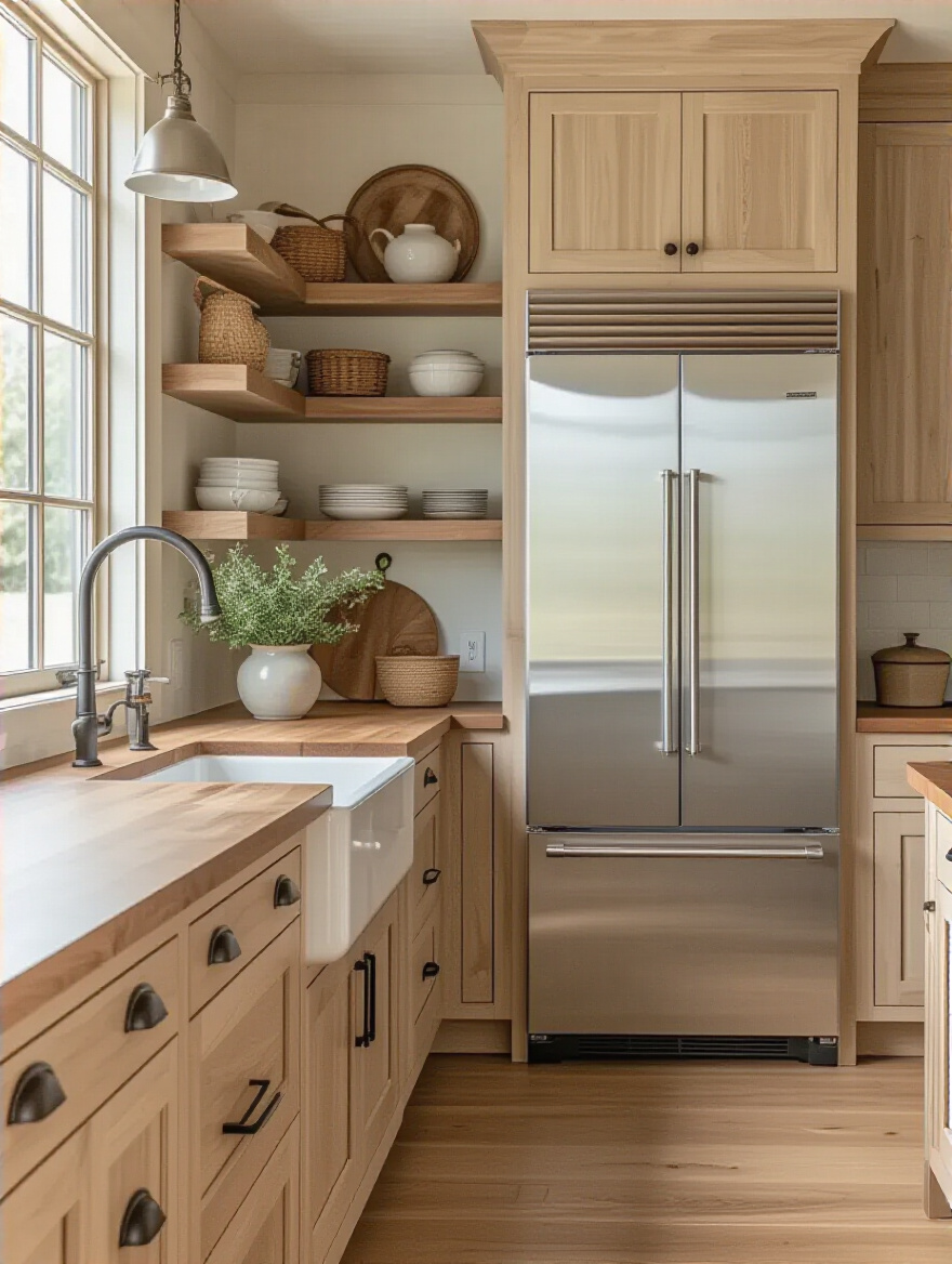 A beautifully designed farmhouse kitchen with a seamlessly integrated appliance, such as a refrigerator, hidden behind custom white shaker style cabinet panels. The streamlined design blends perfectly with rustic wooden countertops, a classic farmhouse sink, and vintage decorative elements under warm natural lighting.