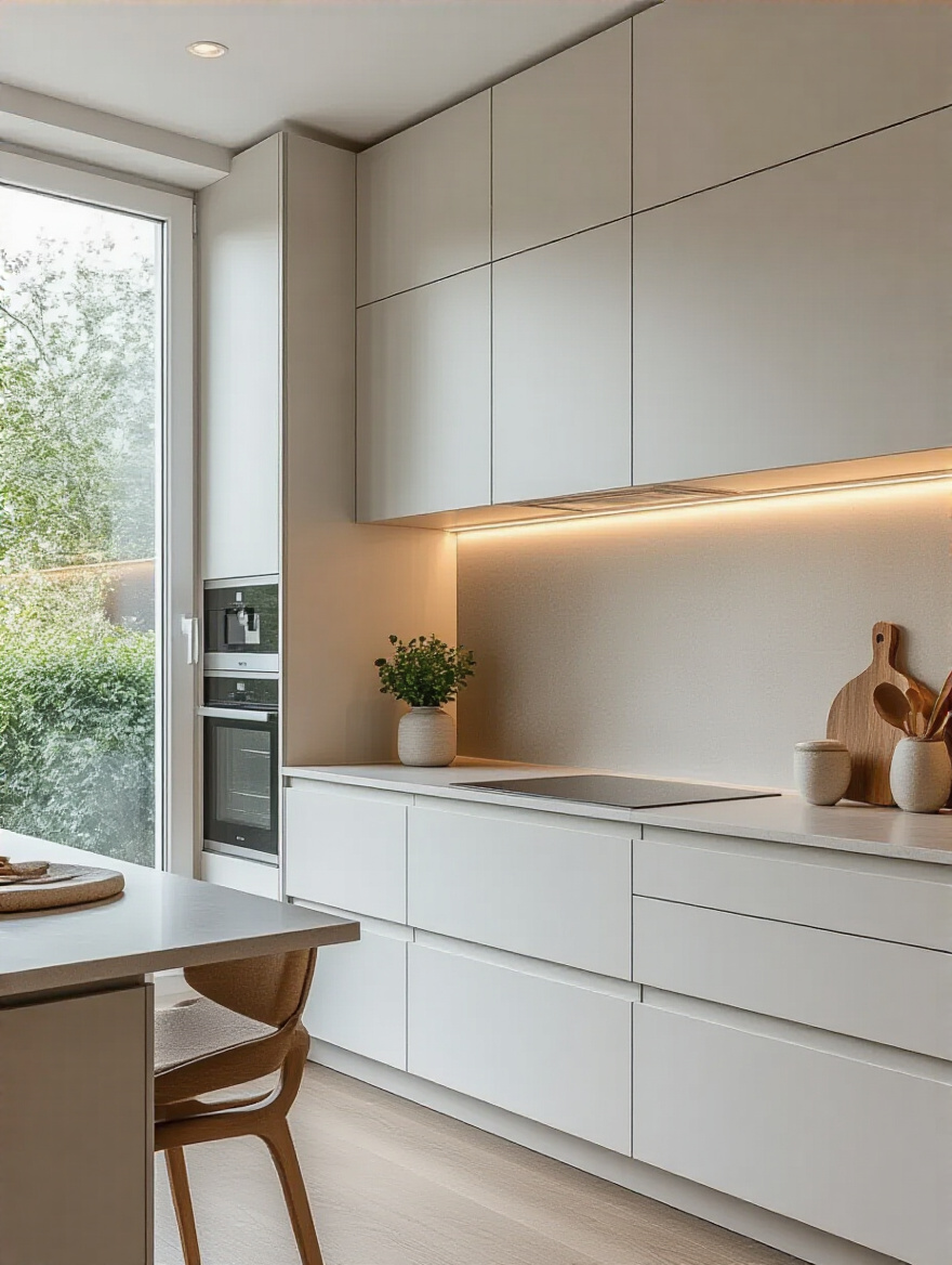 Portrait view of a contemporary kitchen with an understated, cohesive backsplash and cabinetry.
