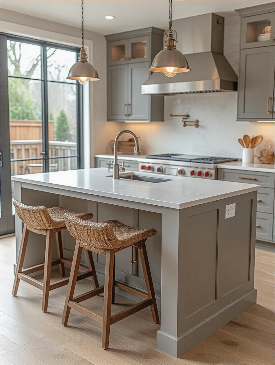 Portrait view of a modern kitchen island with integrated outlets, warm lighting, no people