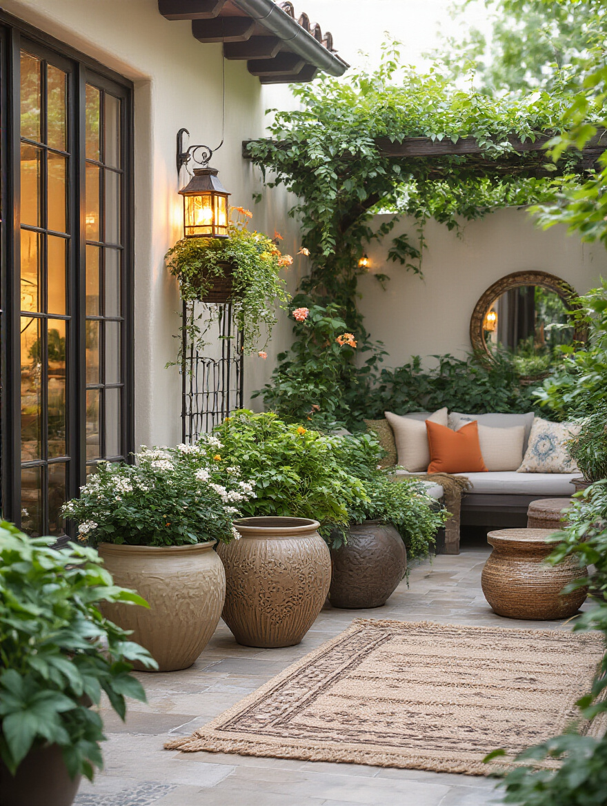 Beautiful patio scene with integrated decorative elements like stylish planters, solar lanterns, an outdoor rug, and a mirror, creating a charming and functional outdoor living space with lush plants.