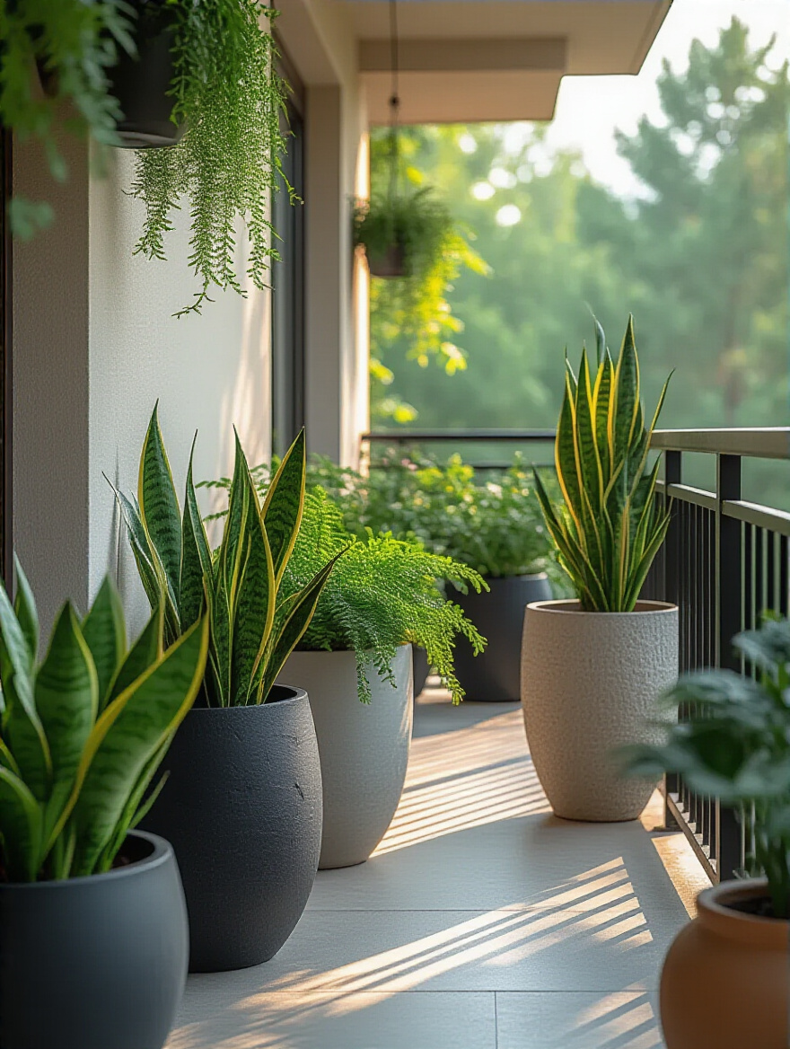 Portrait of a balcony with decorative planters arranged in varied heights and textures.