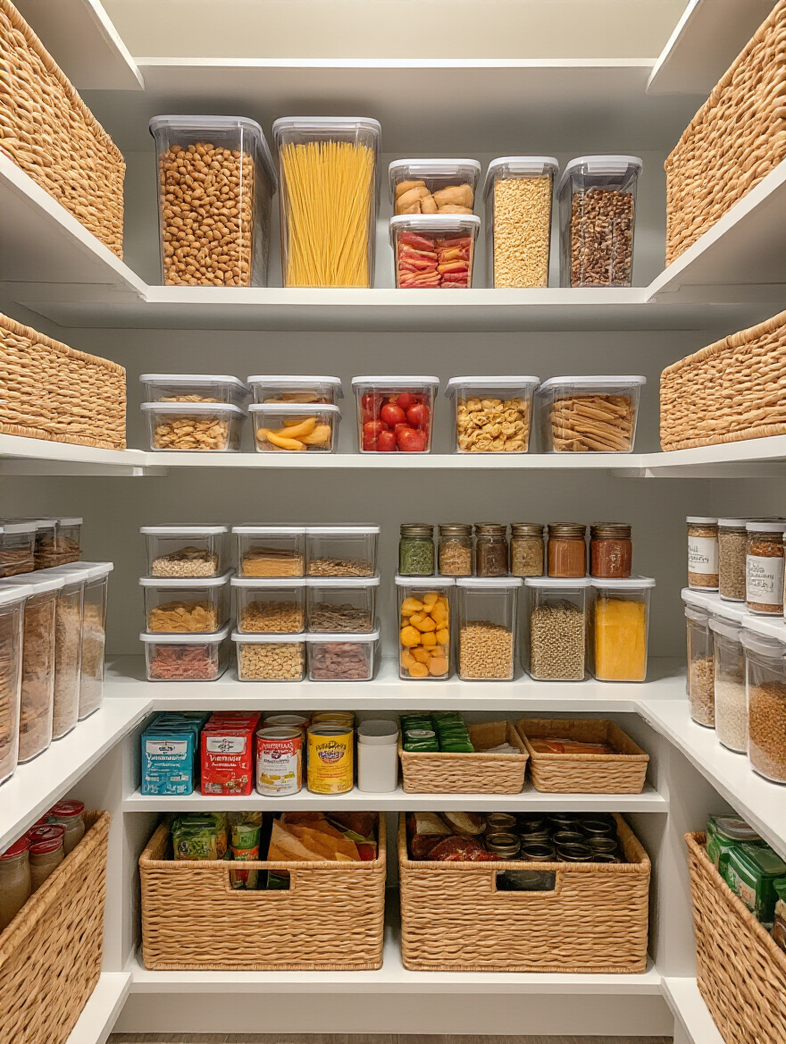 Portrait image of a neatly organized kitchen pantry featuring designated, labeled zones for snacks with clear containers and meal prep ingredients with tiered shelves.