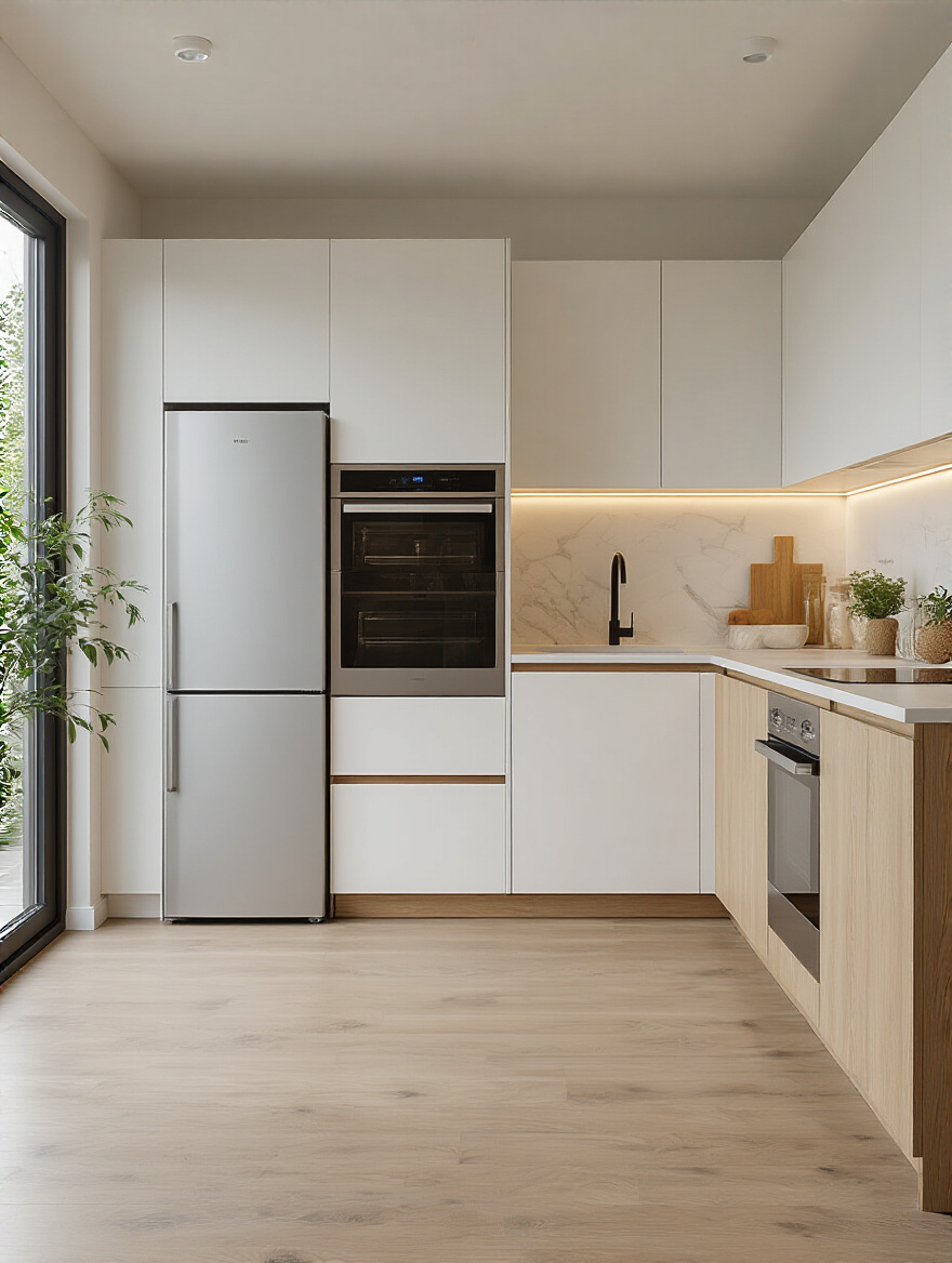 Portrait view of a modern kitchen with integrated energy-efficient and smart appliances