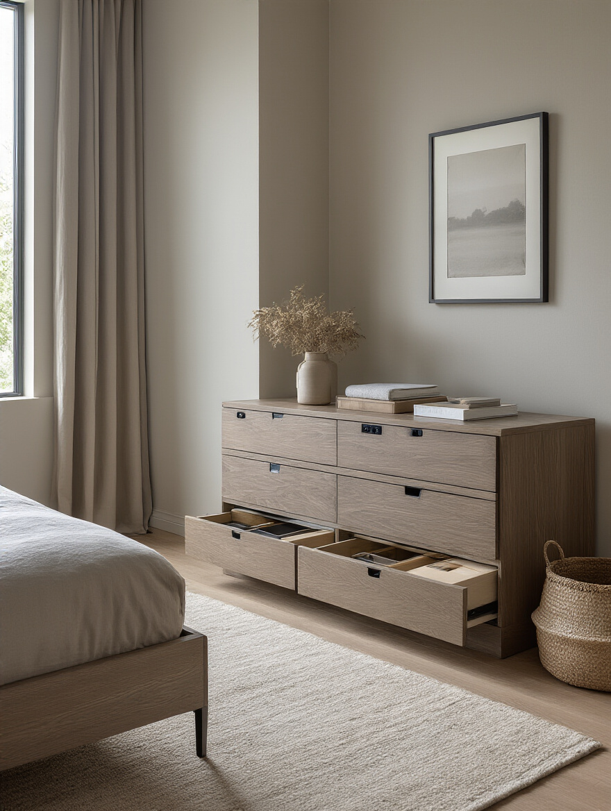 Portrait view of a modern bedroom featuring a multi-functional dresser with deep organized drawers and charging ports