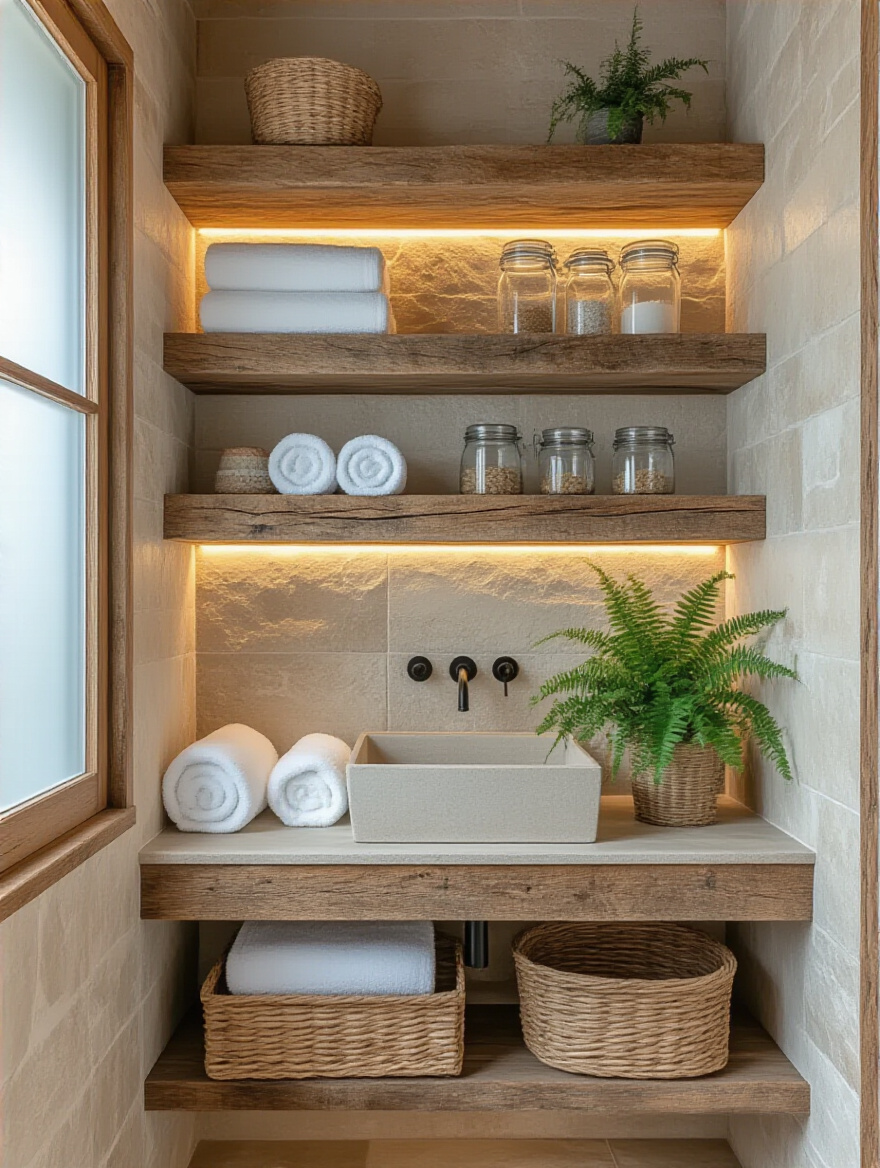 Rustic bathroom open shelving with towels and decor