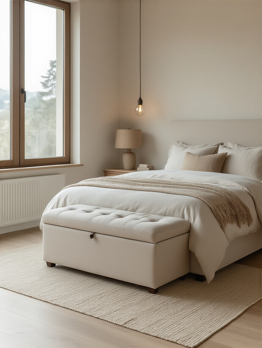 Bedroom with a concealed storage ottoman at the foot of the bed