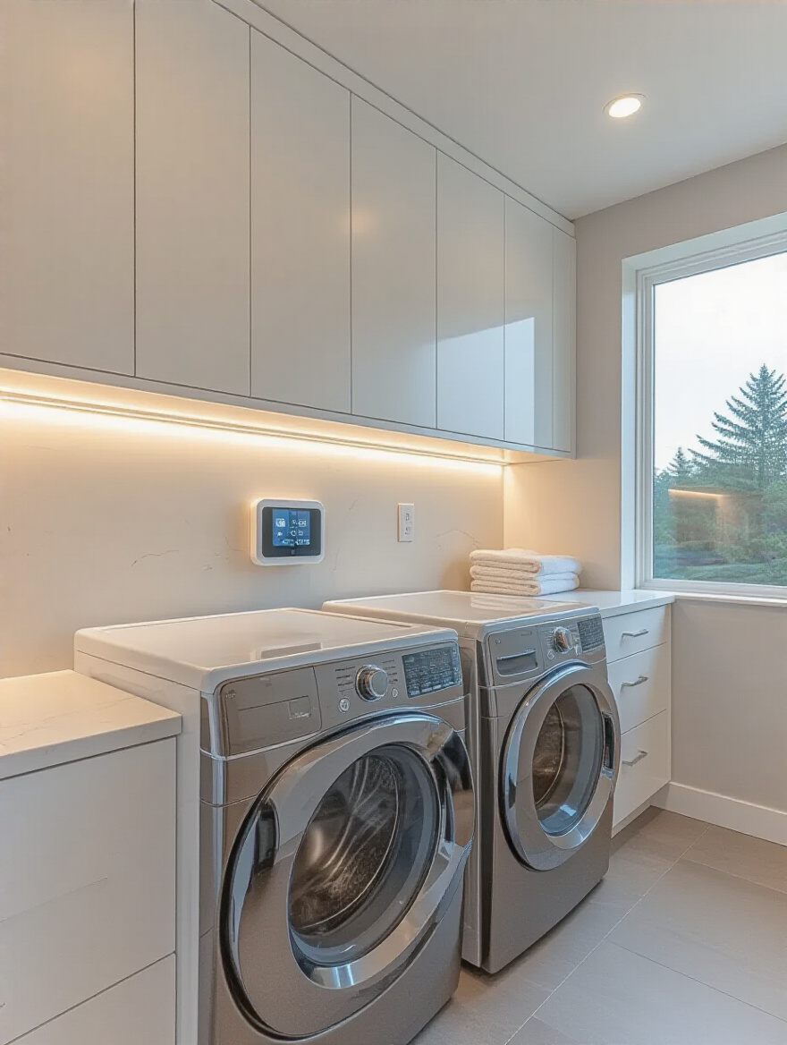 Portrait of a modern laundry room with integrated smart appliances and smart hub