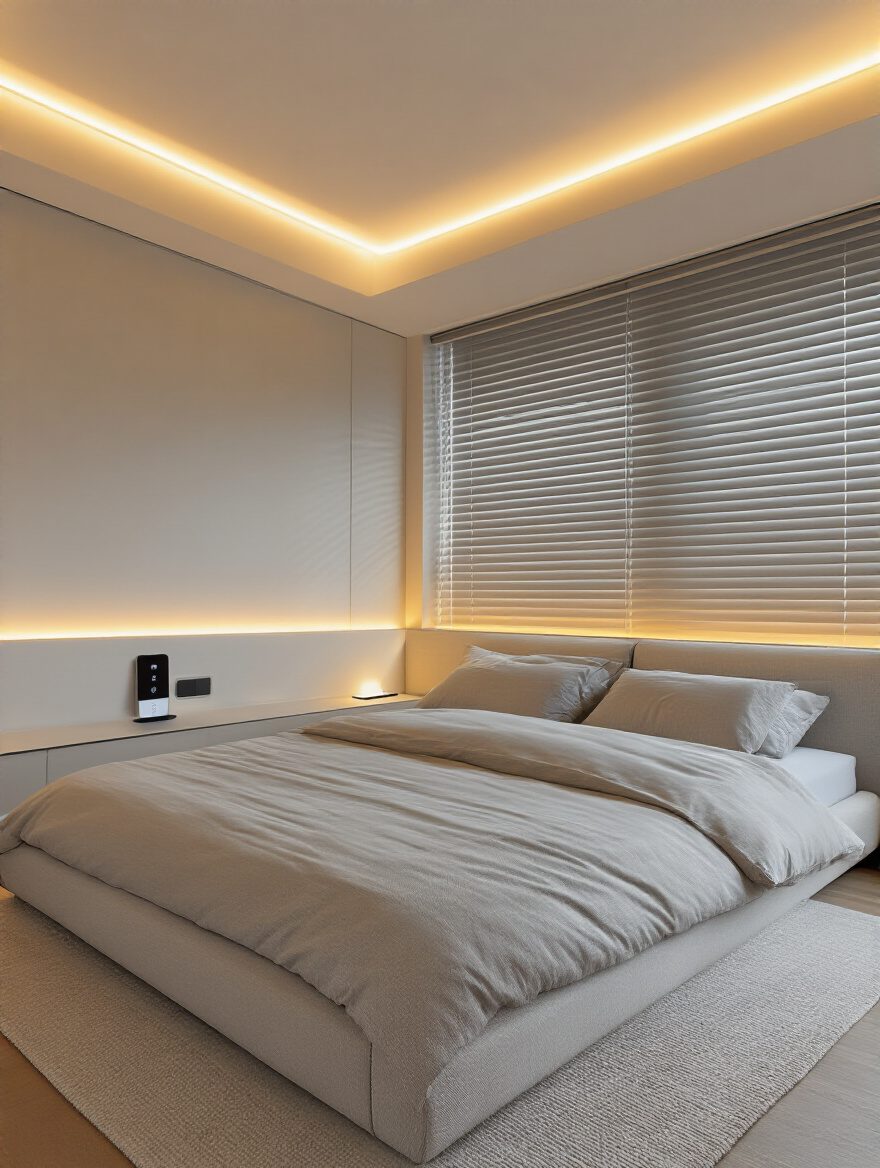 A modern bedroom seamlessly integrating smart home technology, featuring ambient smart lighting, a minimalist smart display on a bedside table, and partially opened smart blinds, showcasing effortless control and enhanced comfort in a serene environment. No people.