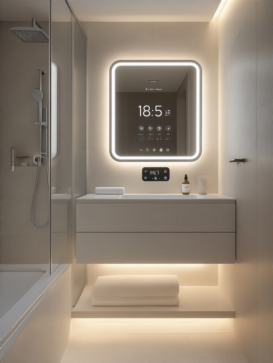 Sleek modern bathroom featuring an integrated smart mirror, digital shower controls, and elegant hidden LED lighting for a high-tech smart home aesthetic.