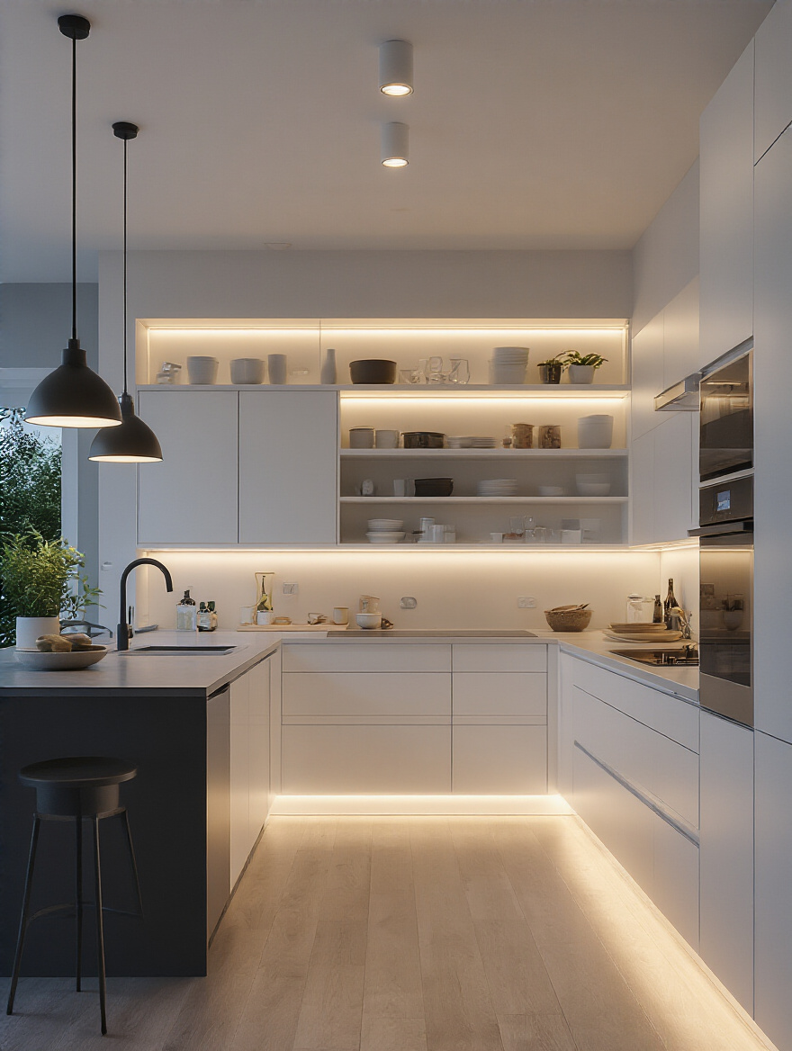 Portrait-style kitchen with layered smart lighting showing task, ambient, and accent zones