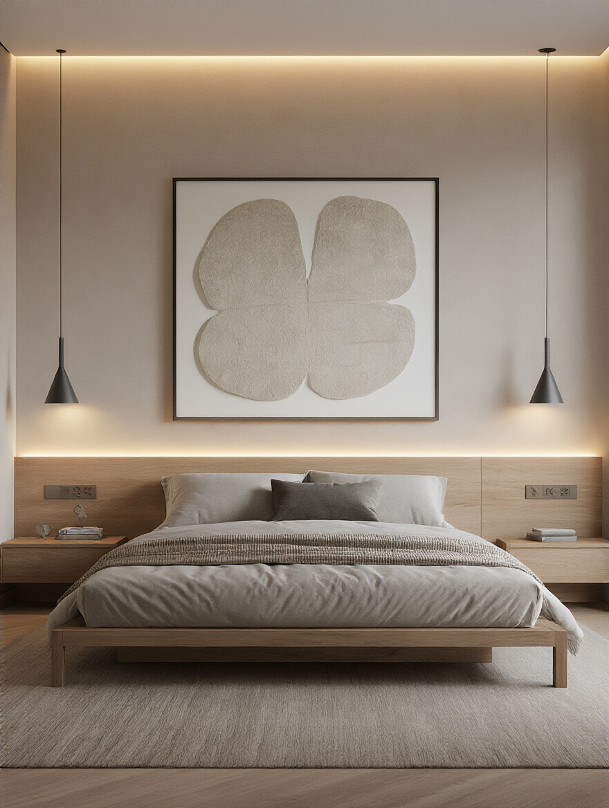 Portrait view of a bedroom wall art setup with smart lighting highlighting the piece