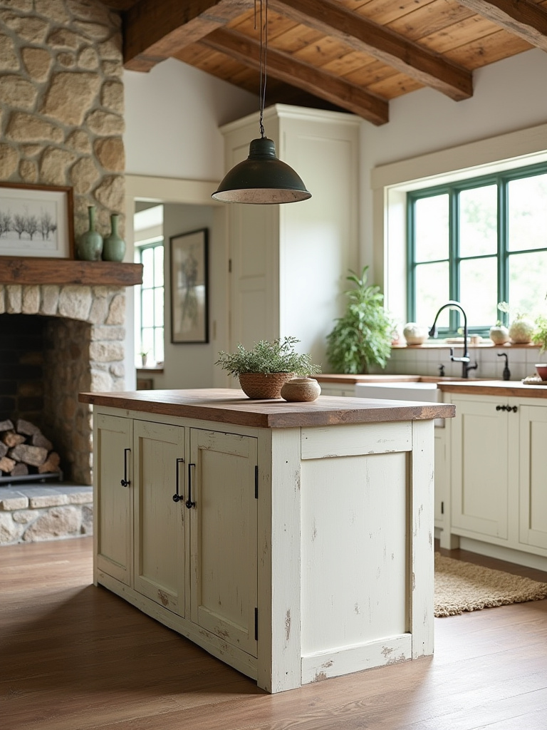 A rustic kitchen island made of reclaimed wood with a sleek, pop-up smart power outlet discreetly integrated into the stone countertop, a tablet charging from it. The kitchen has warm, inviting rustic decor and natural light.