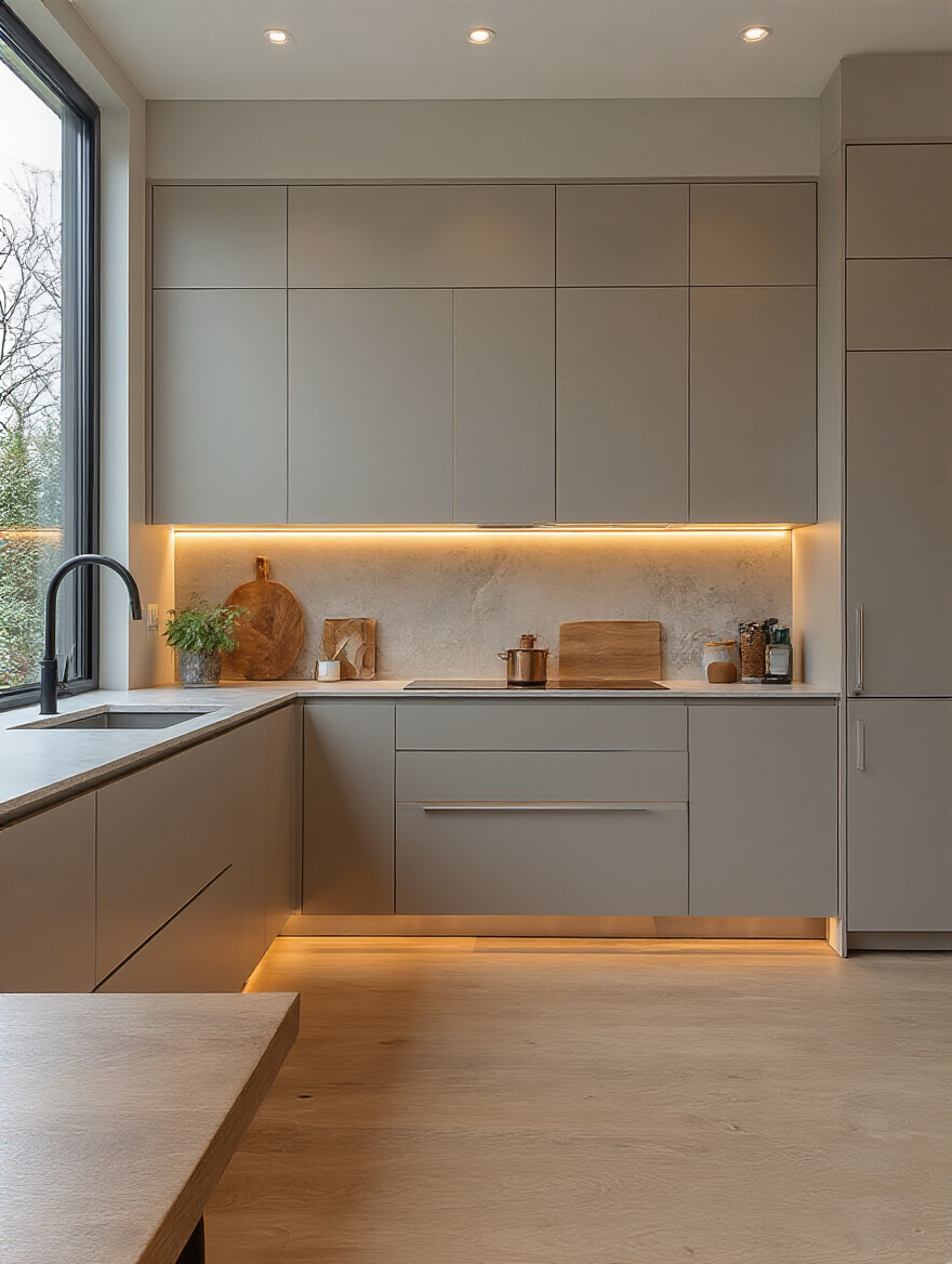 Portrait of a modern kitchen with integrated smart storage and concealed appliances