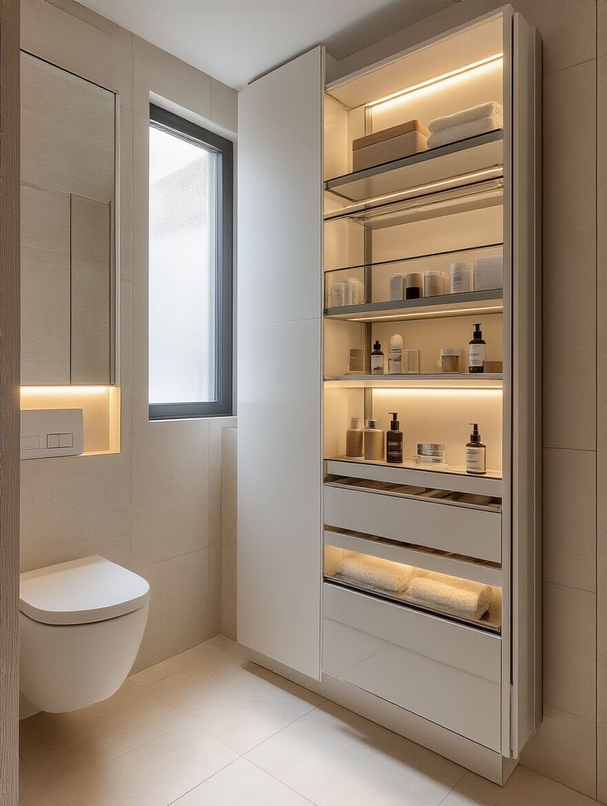 Modern bathroom featuring recessed wall cabinet with glass shelves, floating shelves above a toilet, showcasing integrated smart storage solutions for a clutter-free space.