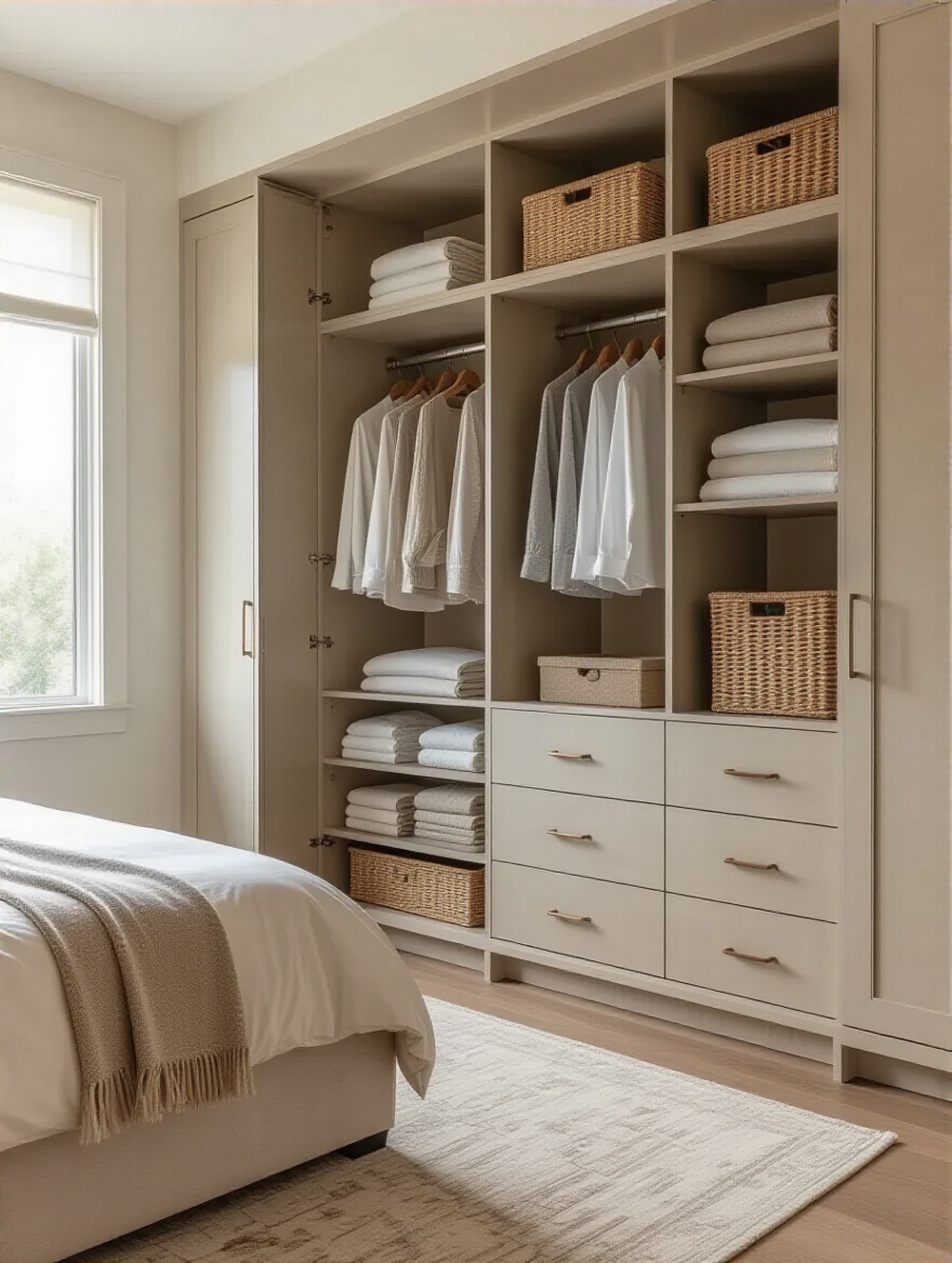 An organized bedroom featuring a modern, integrated floor-to-ceiling wardrobe and a matching chest of drawers, showcasing efficient bedroom storage solutions.